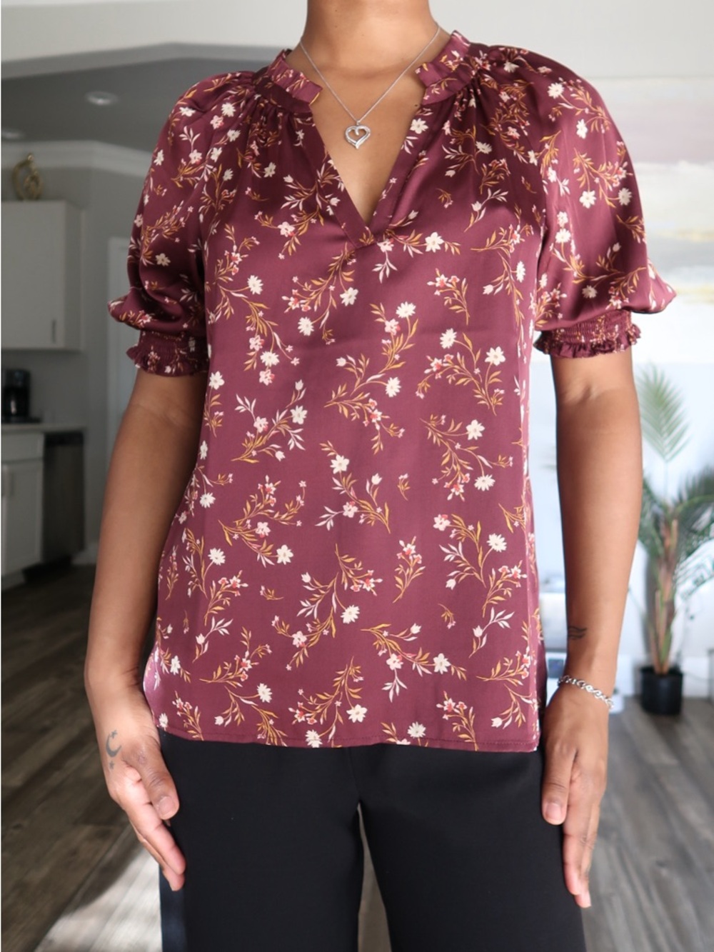 41 Hawthorn Plum Floral V-Neck Blouse with Cream & Gold Accents